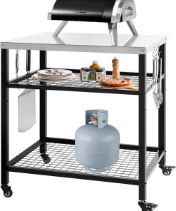 Alternative view of Stainless Steel Outdoor Grill Cart Pizza Oven Stand Trolley Table with Wheels Three-Shelf