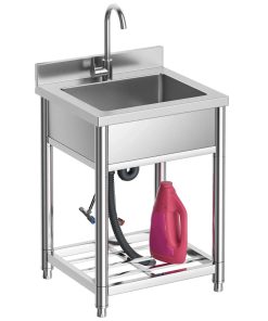 Stainless Steel Utility Sink Free Standing Single Bowl Kitchen Sink Cold Hot Water Faucet