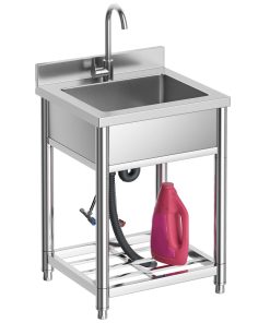 Stainless Steel Utility Sink, Free Standing Single Bowl Kitchen Sink with Cold and Hot Water Faucet, Commercial Sink for Restaurant Bar Cafe and Hotel, Indoor and Outdoor Sink, 21.7 in