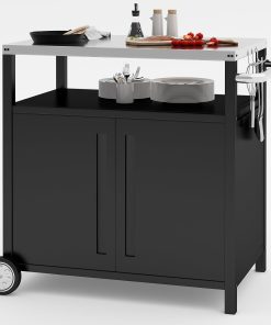 Stainless Steel Outdoor Grill Cart Pizza Oven Stand Trolley Table with Wheels Three-Shelf Movable Food Prep and Work Table Heavy Duty Grill Carts Outdoor Cart 31.5"×24"×35.5"